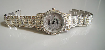 Men's stone silver finish metal bracelet fashion dress up hip hop  watch