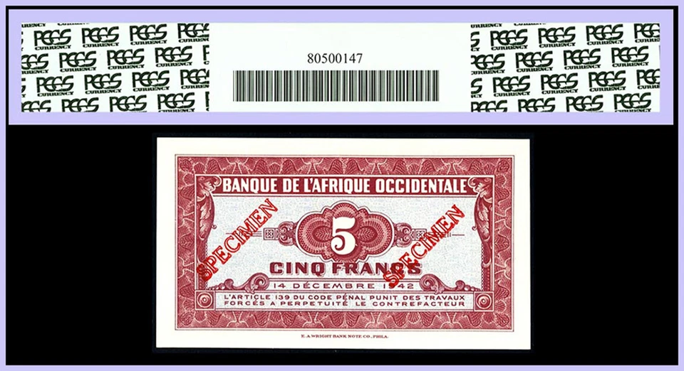 FRENCH WEST AFRICA 1942 5 FRANCS SPECIMEN WWII P#28s2 PCGS GEM NEW 66 - Image 2 of 4