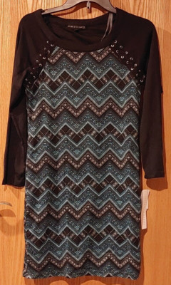 NWT Three Pink Hearts Chevron Lace-Up Dress size M Long Sleeve Black Teal - U1