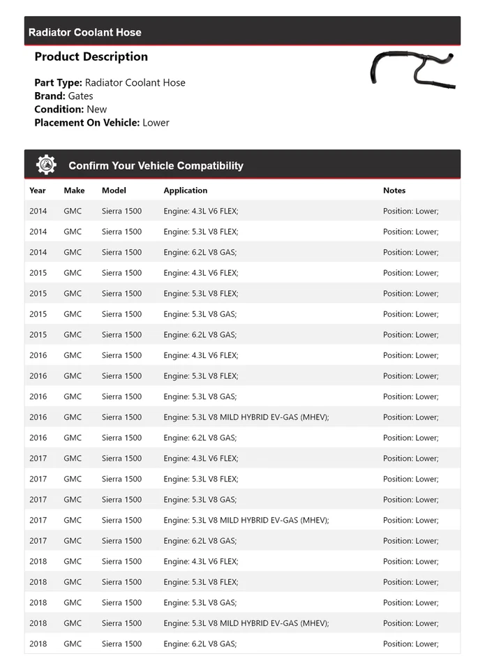 For 2014-2018 GMC Sierra 1500 Radiator Coolant Hose Lower Gates 2015 2016 2017 - Image 2 of 3