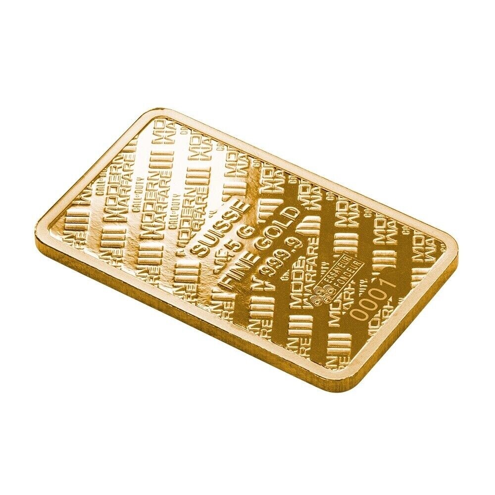 Rectangular 5 gram PAMP Call of Duty Modern Warfare III gold bar with engraved text and serial number 00001.