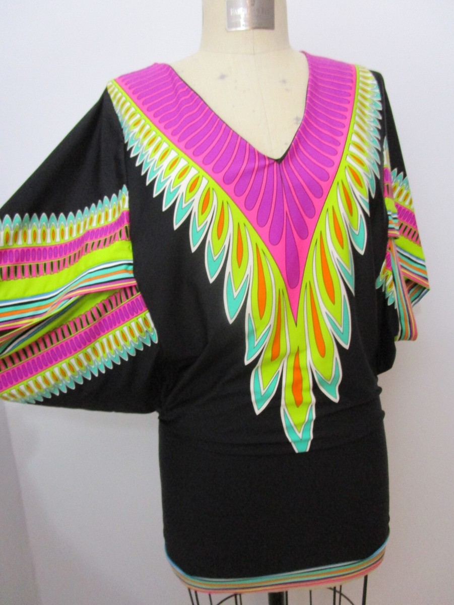 S Trina Turk Tunic Dress Swim Coverup Neon Dashiki Print Pink Black Knit  Vaca | eBay