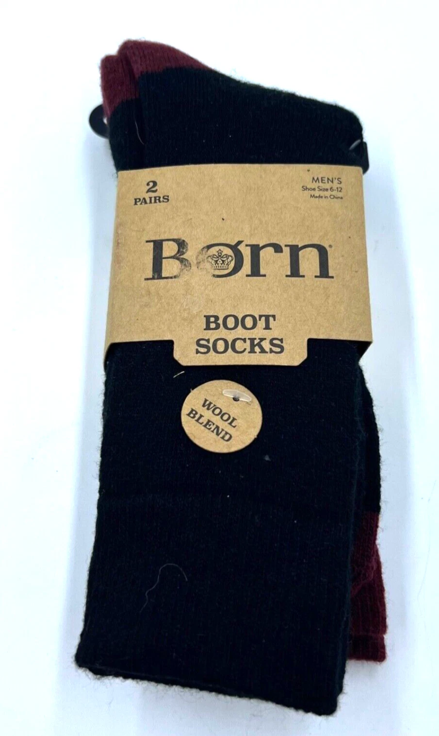 Born Socks Mens Boot Wool Blend Black Burgundy 2 Pairs Shoe Size 6-12 Cushioned