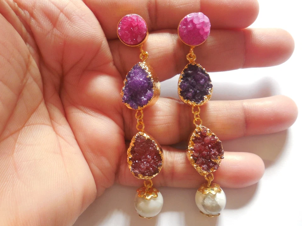 Pendiente de borde dorado Druzy, pendiente de cuentas Howlite, pendiente de araña Druzy, joyería Foto 2 de 4