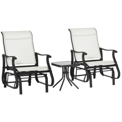 3Piece Outdoor Steel Frame Gliders Set with Tempered Glass Top Table Cream White