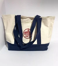 TRADER JOE'S Heavy Duty Reusable  Canvas Tote Shopping Bag Blue Embroided