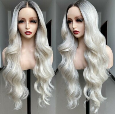 Brown Blonde Ombre Wig HD Front Lace Human Hair Blend Highlights  Wavy Curly