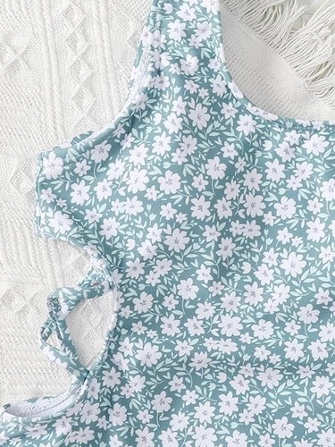 Milumia Girl's 1 Pc Swimsuit w/ Cut Outs & Scoop Neck Green/White Floral 11-12yo - Picture 4 of 6