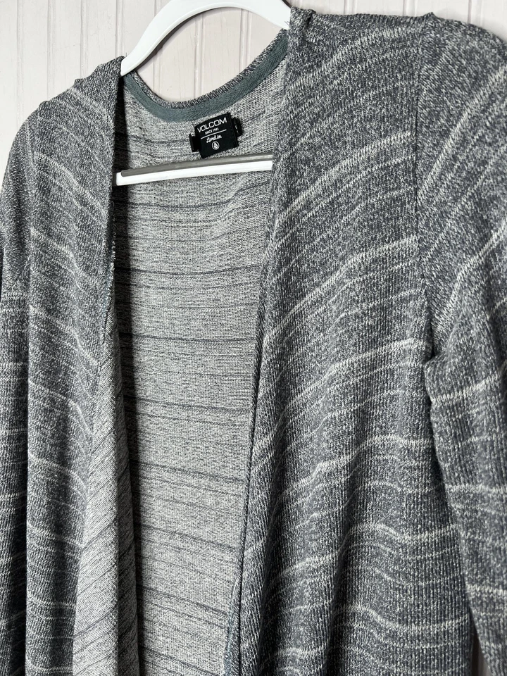 Volcom Cardigan Sweater Womens Large Gray Striped Open Front Lightweight Drape - Image 3 of 4