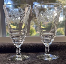 Libbey Rock Sharpe Normandy Iced Tea Glasses Floral Footed Cut Glass 8oz VTG