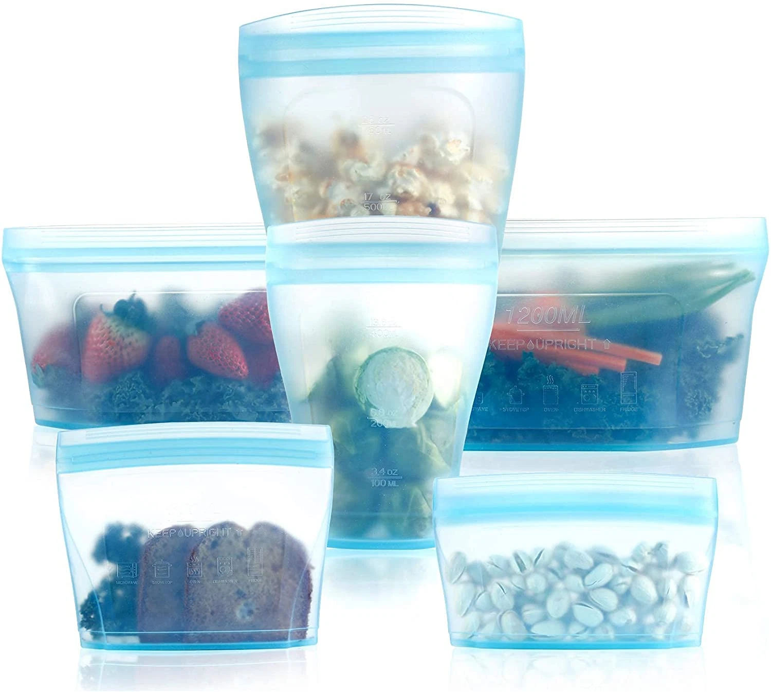 Reusable Food Container Silicone Bag, Upgrade Second Generation 6 Pcs Zip Contai