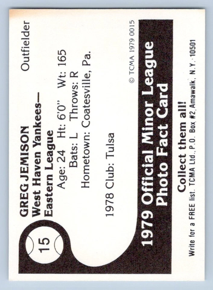 Greg Jemison 1979 TCMA West Haven Yankees Minor League Baseball Card - Image 2 of 2