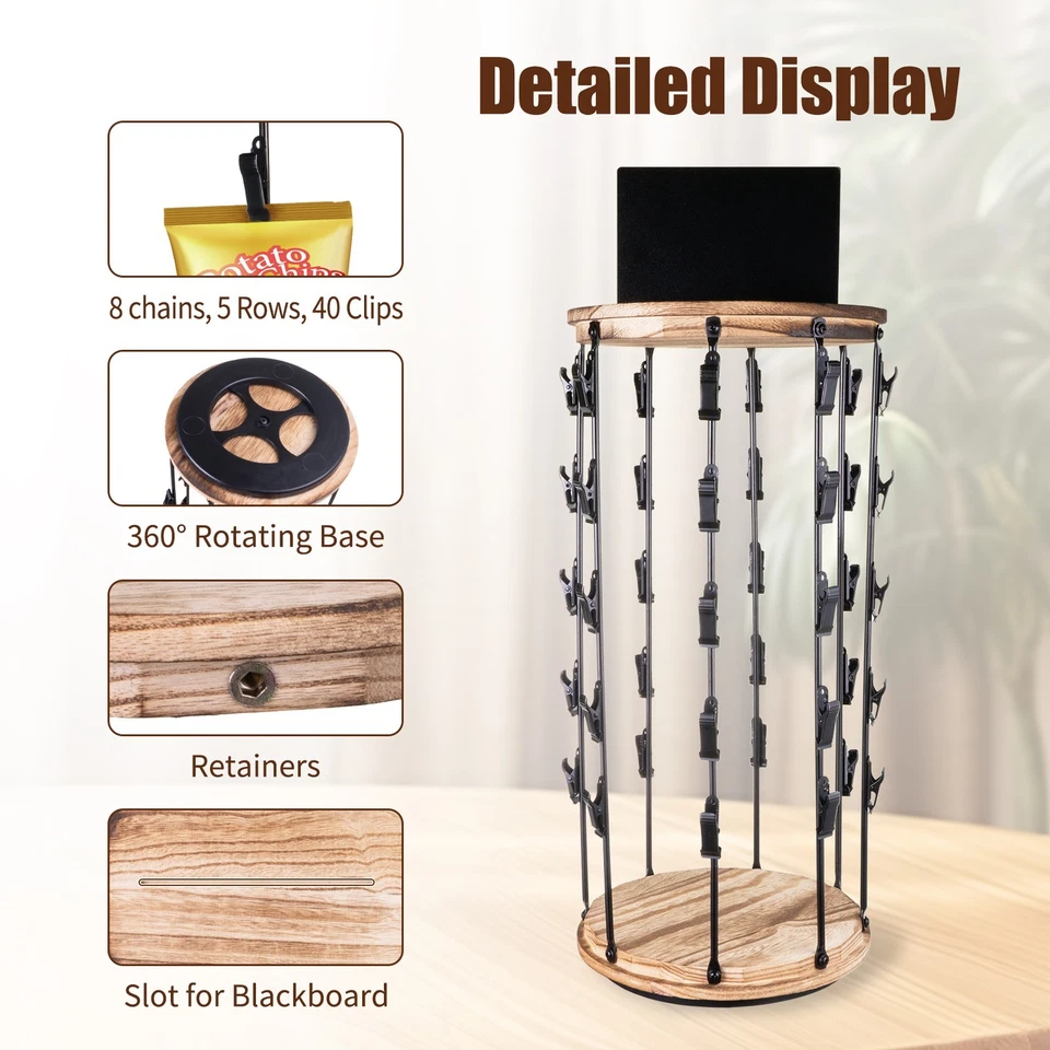 Suporte de chip 5 linhas 40 clipes, base de madeira giratória 360°, display de saco de lascas - Imagem 4 de 4