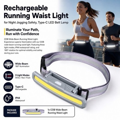 USB-C Rechargeable Running Light, Hands-Free LED Waist Lamp for Jogging & Hiking