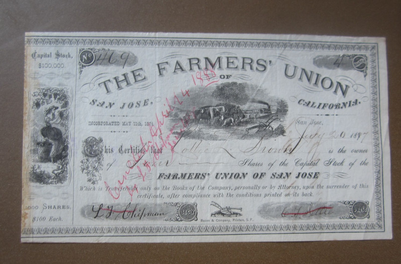 1897 - The FARMERS UNION of SAN JOSE CALIFORNIA - Stock Certificate - CA.