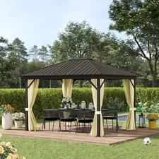 10' x 12' Hardtop Gazebo, Mesh, Curtains, Steel Roof, Aluminum Frame, Cream