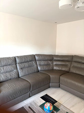 Grey Leather Corner Sofa Sectional, Solid Plain Pattern Upholstery