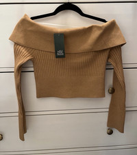 Wild Fable Women's Beige Ribbed Rib-Knit Boat Neck Long Sleeve Pullover S