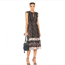ULLA JOHNSON Zanna Midnight Floral Print Ruffle Silk Midi Dress - Size 8 - EUC