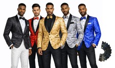 Men's Luxury Embroidery Slim Blazer Tuxedo Wedding Prom Jacket Bow Tie Socks