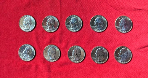 lot of 10  Washington Quarters 1964 90% silver in uncirculated condition