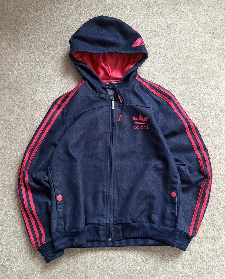 Adidas Jeansjacke mit Kapuze Firebird Denim Jacket Striped Trefoil - Bild 1 von 4
