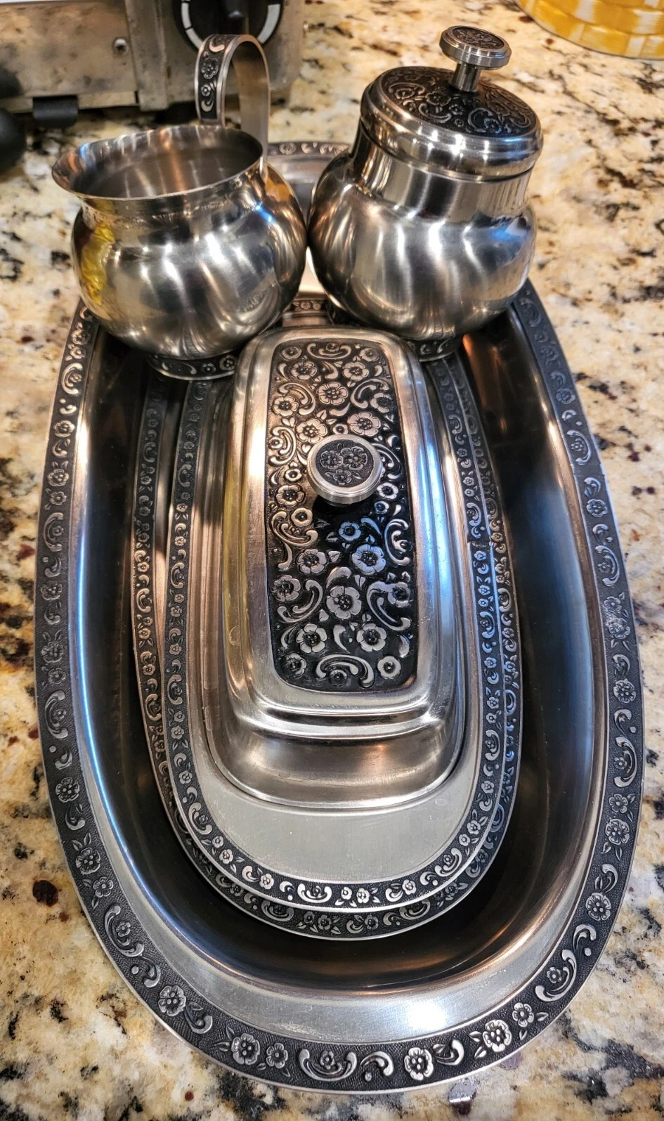 VTG LOT MCM Oneida Custom Floral 18/8 Stainless Butter Dish Sugar Cream Japan