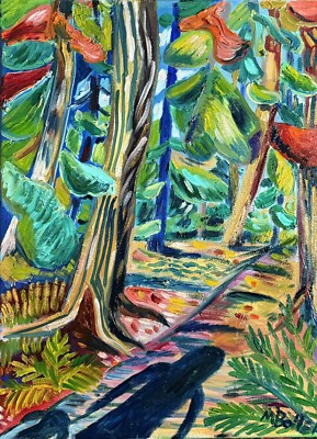 A Walk In The Park Woods Forest Dog Shadows Autumn Oil  Painting Bollen