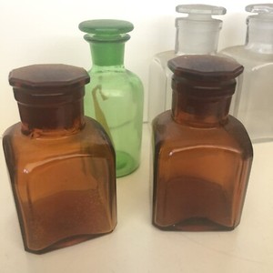 Eight Vintage Glass Reagent Science Chemistry Bottles Laboratory Wide Neck