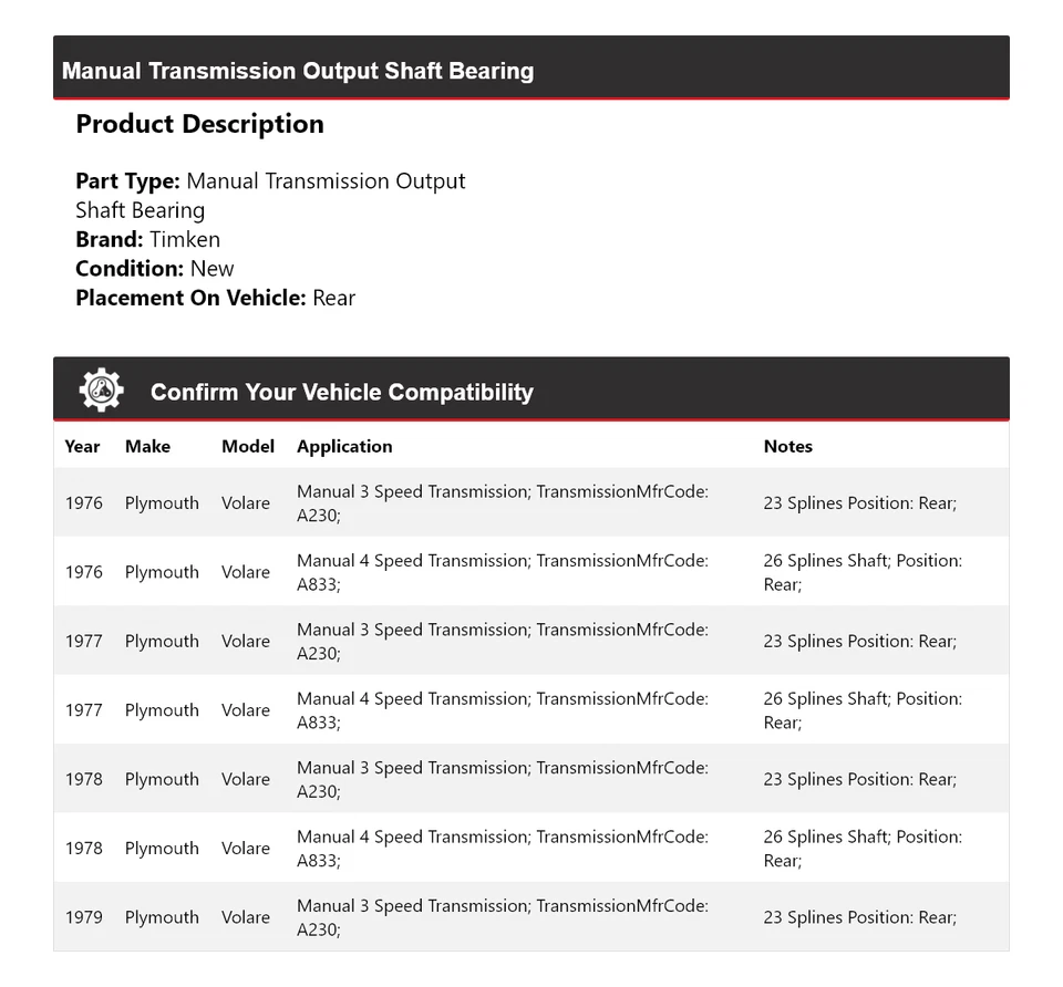 Задний подшипник вала ручной трансмиссии для 1976-1979 Plymouth Volare Timken 1977 - Изображение 2 из 4