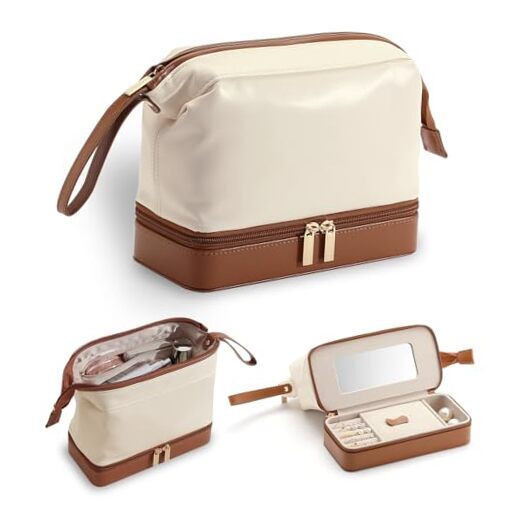 2-In-1 Jewelry Box and Makeup Bag with Mirror - Versatile Travel White & Brown