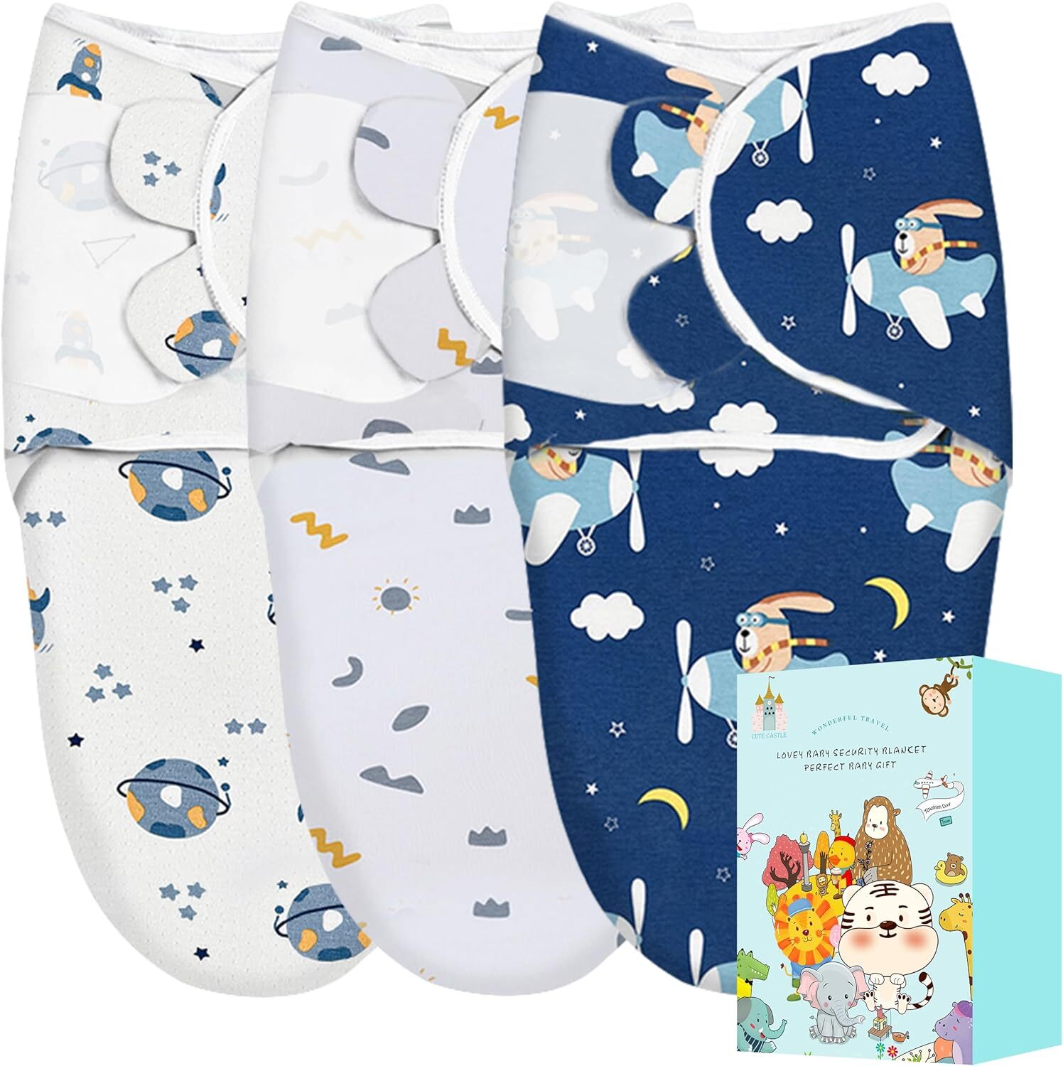 Cute Castle 3-Pack Baby Swaddle Sleep Sacks - Planet, Sun, Flying Rabbit-image