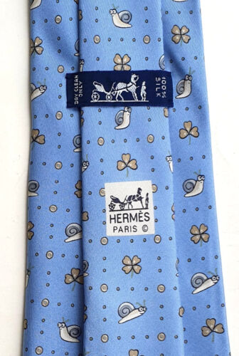 HERMÈS Paris orig. Vintage Krawatte 7875 UA 100% Seide blau Schnecken Klee