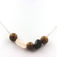 Halskette Holzperlen 8 Mm + Turmalin SchöRl Du Brazilien + Rosenquarz Kette In