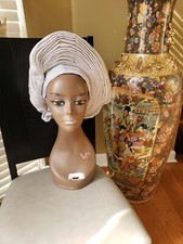Aso-Oke African Headtie Auto Gele, Ready Made Gele White with touch of silver 