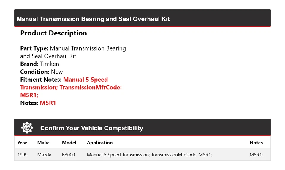 Kit de revisão de vedação e rolamento de transmissão manual Mazda B3000 Timken 1999 - Imagem 2 de 3