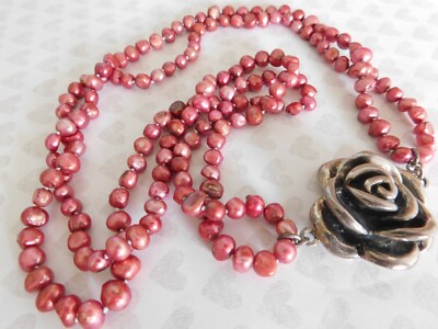 Rosa Freshwater Pearls River Doppelstrang-Halskette Mexikanische Sterling Raised Rose
