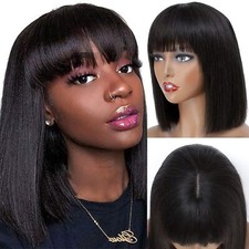 Women's Full Bangs Black short Straight Wigs Bob Natural Hair Full Wigs 15" USA