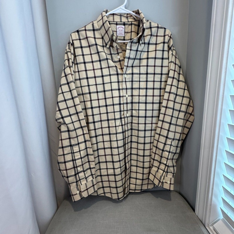 Men's Brooks Brothers Checkered Shirt | Size Large, Tan/Navy/Maroon