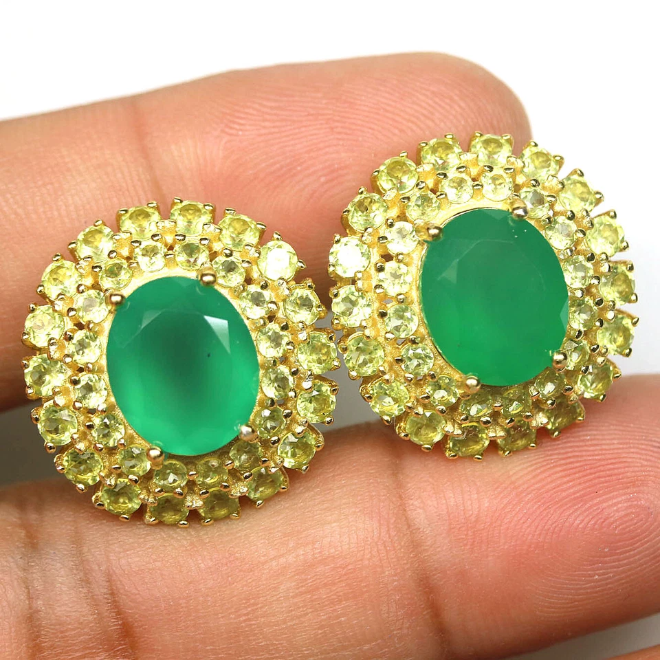 Nicht Erhitzt Grüner Achat & Peridot Ohrringe 925 Sterlingsilber 18K Vergoldet - Bild 2 von 4