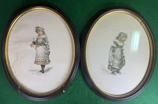 Frances Brundage Chromolithograph Pair, Little Maids 1880, Oval Frames, Antique