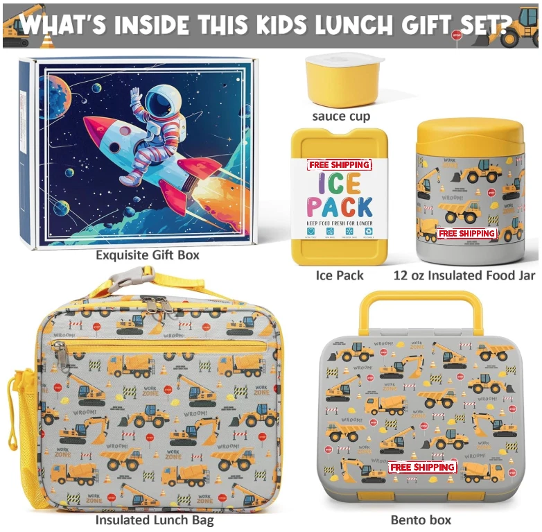 Juego de lonchera Bento para niños con termo, bolsa y bolsa de hielo - diseño de camiones Foto 3 de 4
