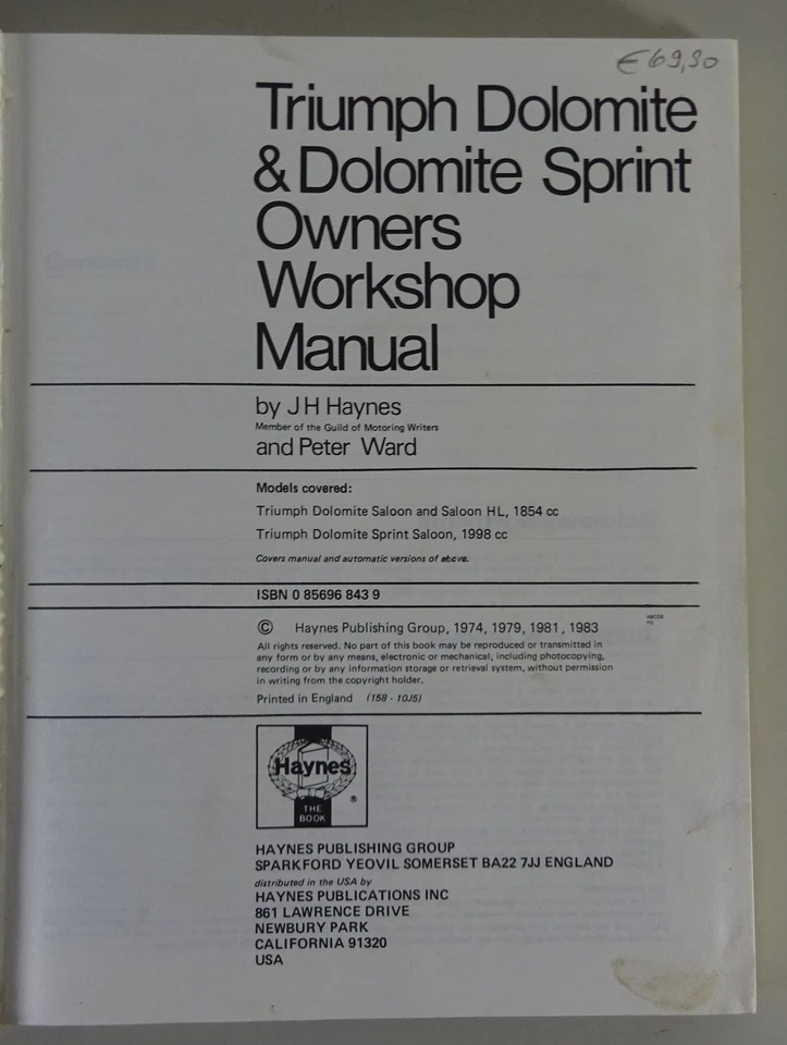 Manuale di Riparazione - Haynes Triumph Dolomite inglese Modello Anno 1972 - - Immagine 2 di 4
