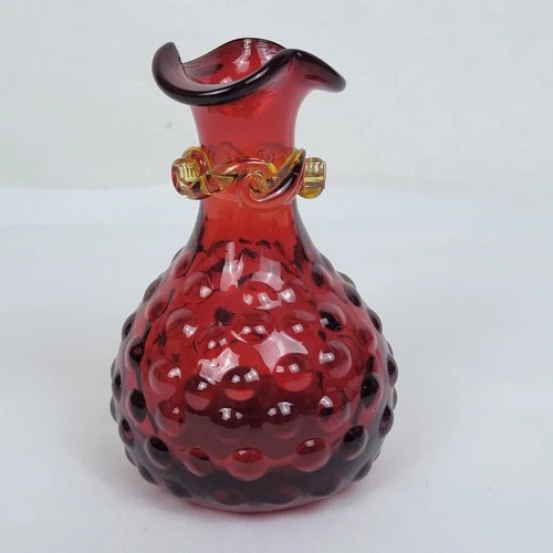 Vintage Fenton Red Amberina Hobnil 4 Inches Ruffled Top Bud Vase Hand Blown