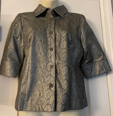 Fashion Elements Vinyl Snakeskin 3/4 Sleeve Silver Collared Blazer Jacket Size 8