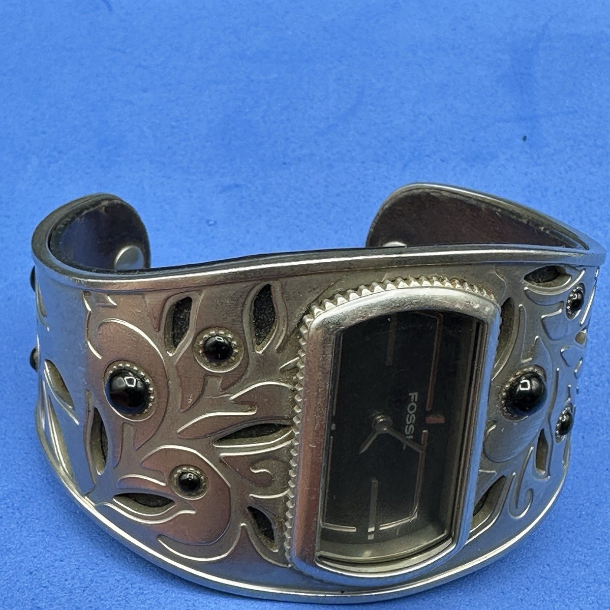 Vintage Fossil Womens Watch Wide Stainless Steel Cuff Leather Band