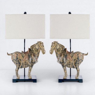 New Saks Fifth Avenue Set of 2 Chinoiserie Equestrian Horse Table Lamps (32'')