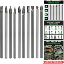 Carbide Burr Set 10 Piece Long Shank 1/8 Double Cut Tungsten Rotary for Metal