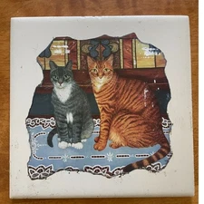 Vintage Handmade Cat Tile Decoupage Tabby, Grey Stripe Kitties Sitting Pretty 6"