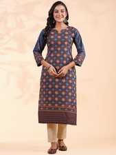 Indian Women Blue Cotton Sequined Floral Printed Kurta Kurti Top Tunic New Dress